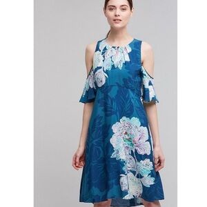 Maeve‎ Anthropologie Cold Shoulder Floral Midi Dress Teal Blue Size 6